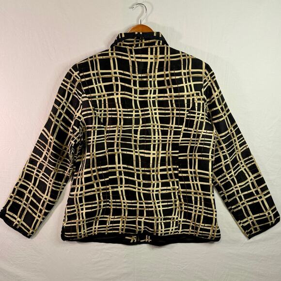 100% Silk Zip-Up Blouse Women's Large Abstract Black/Beige Print Vintage - Picture 9 of 9